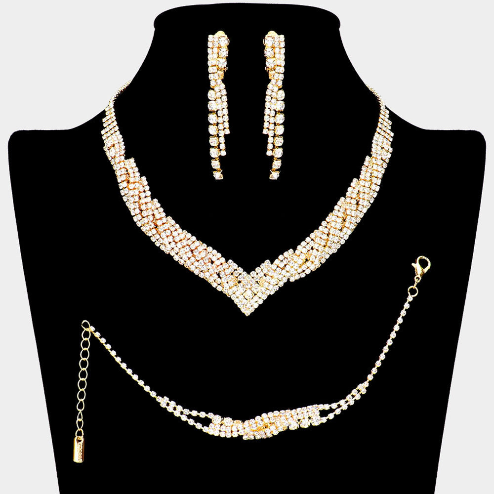 Madeline Love Gold 3PCS - Rhinestone Pave Necklace Clip On Earring Jewelry Set