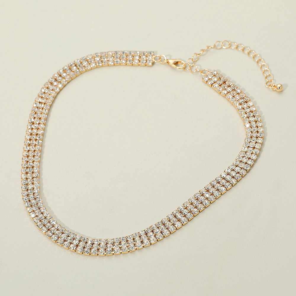 Madeline Love Clear, Gold Gold Dipped Triple Row Rhinestone Necklace - Necklaces