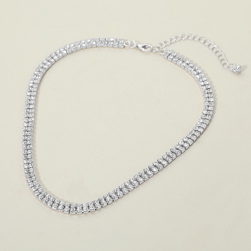 Madeline Love Clear, Rhodium Silver Dipped Double Row Rhinestone Necklace - Necklaces