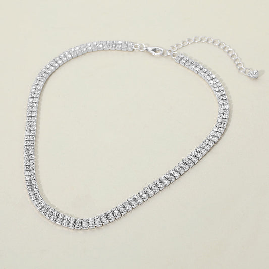Madeline Love Clear, Rhodium Silver Dipped Double Row Rhinestone Necklace - Necklaces