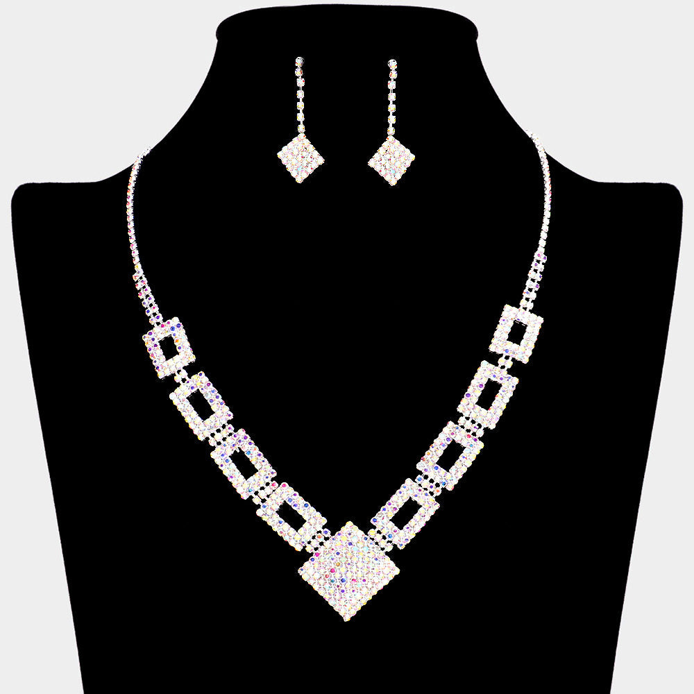 Madeline Love AB, Rhodium Rhinestone Pave Square Open Rectangle Necklace - Jewelry