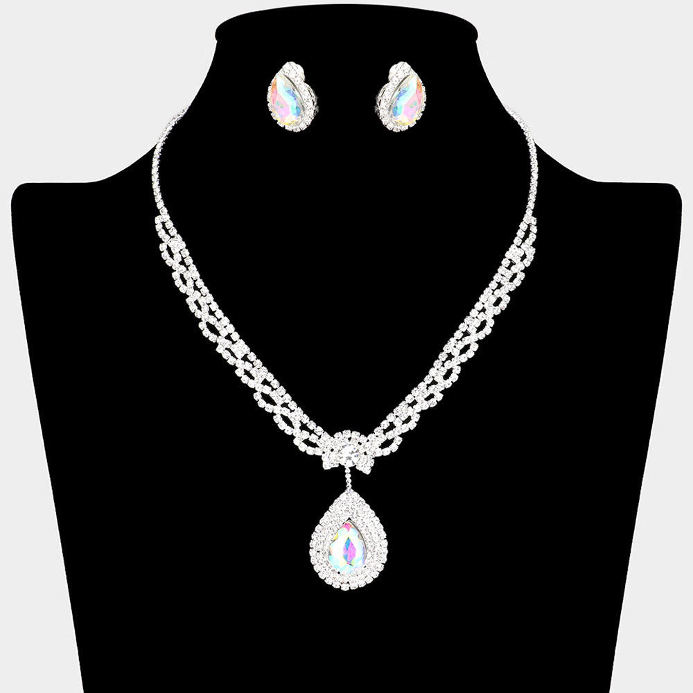 Madeline Love AB, Silver Teardrop Stone Pendant Accented Rhinestone Pave Necklace Clip on Earring Set - Jewelry