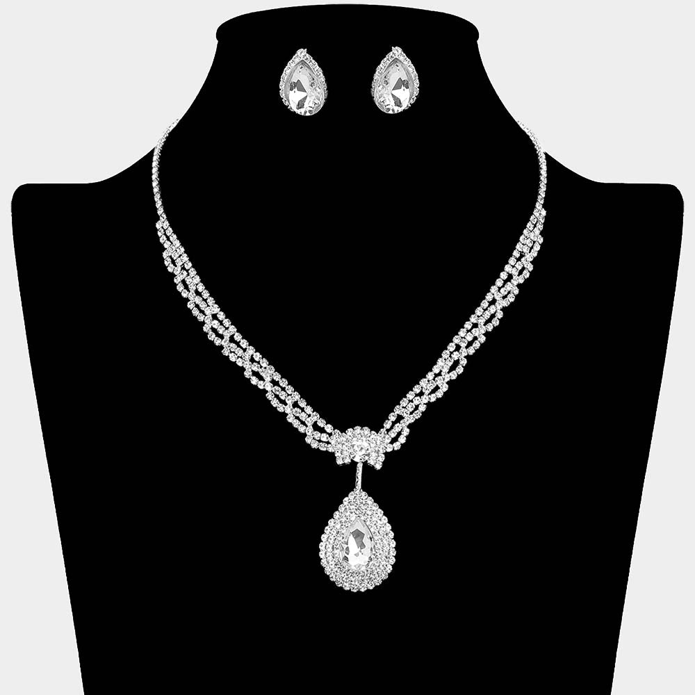 Madeline Love Clear, Rhodium Teardrop Stone Pendant Accented Rhinestone Pave Necklace Clip on Earring Set - Jewelry