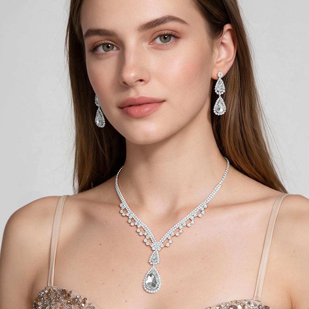 Madeline Love Clear, Silver Teardrop Stone Pointed Rhinestone Paved Necklace