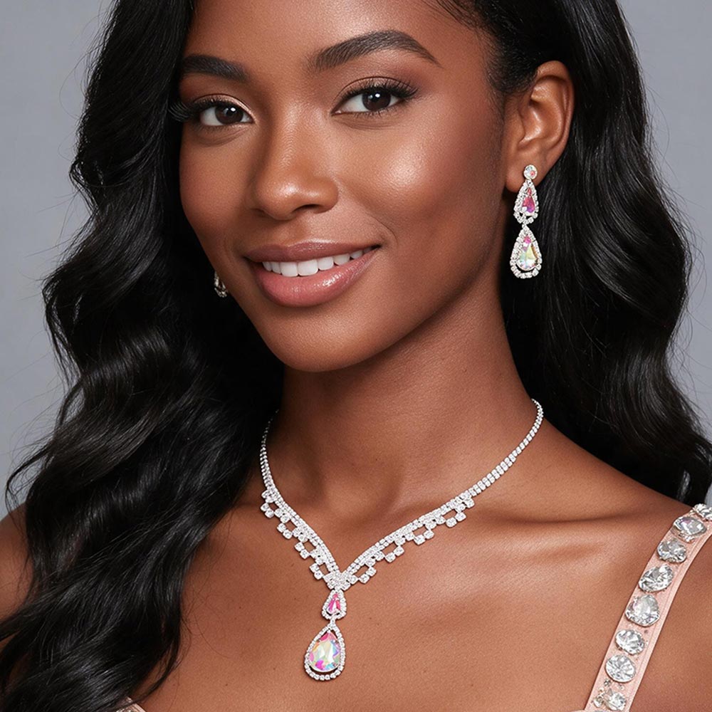 Madeline Love AB, Silver Teardrop Stone Pointed Rhinestone Paved Necklace