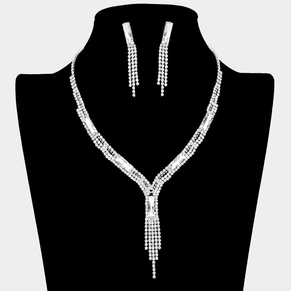 Madeline Love Silver Rectangle Stone Accented Rhinestone Fringe Tip Necklaces - Jewelry
