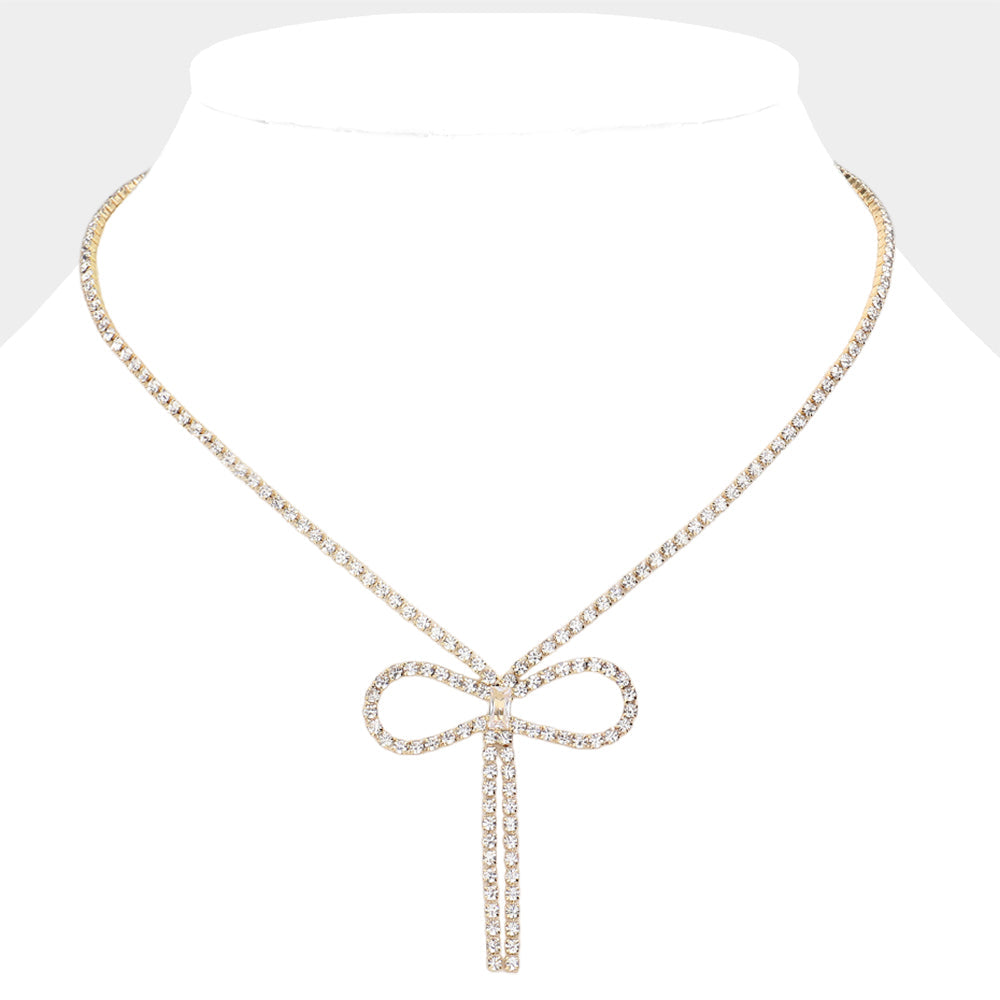 Madeline Love Gold Rhinestone Paved Bow Pointed Necklace - Necklaces