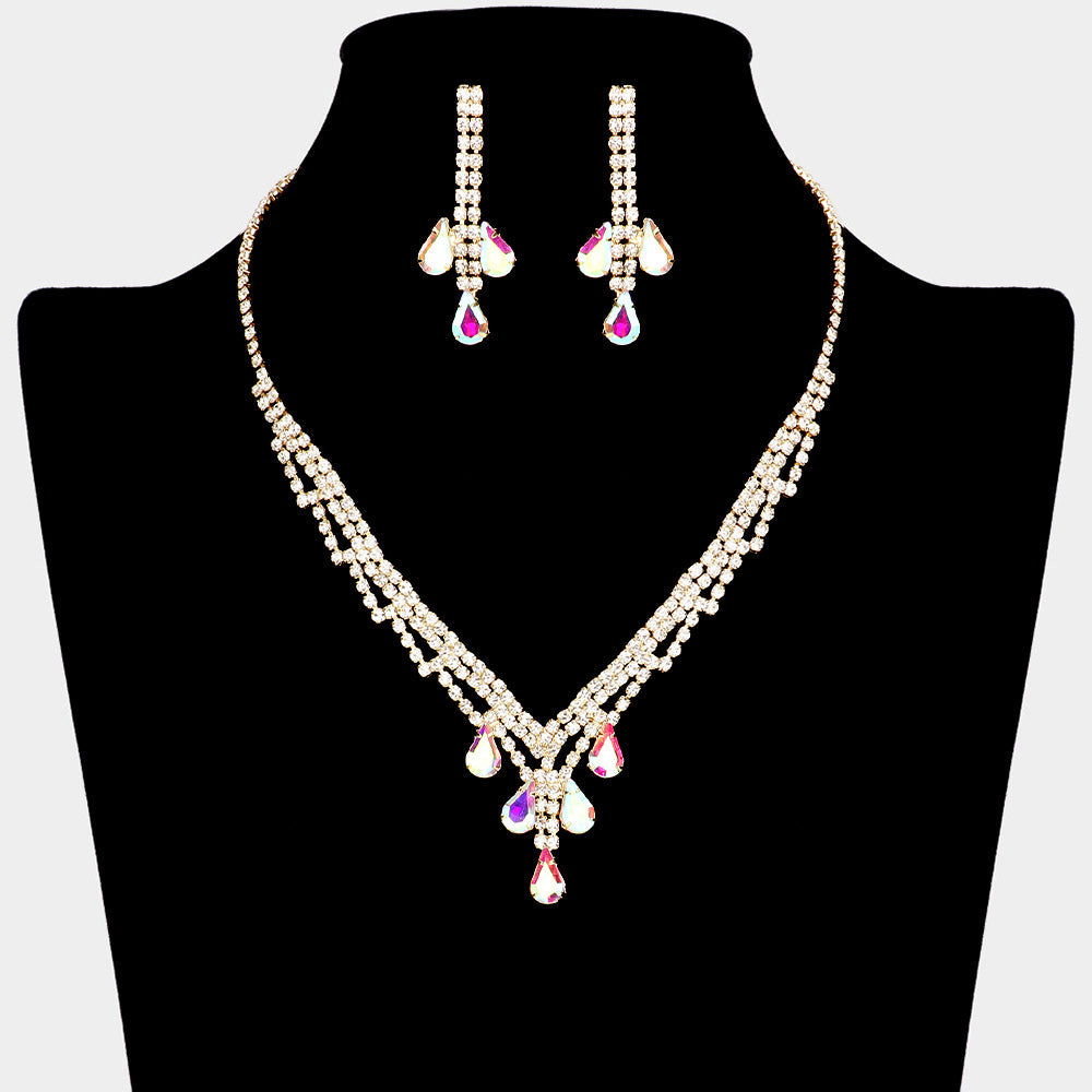 Madeline Love AB, Gold Teardrop Stone Accented Rhinestone Paved Necklace