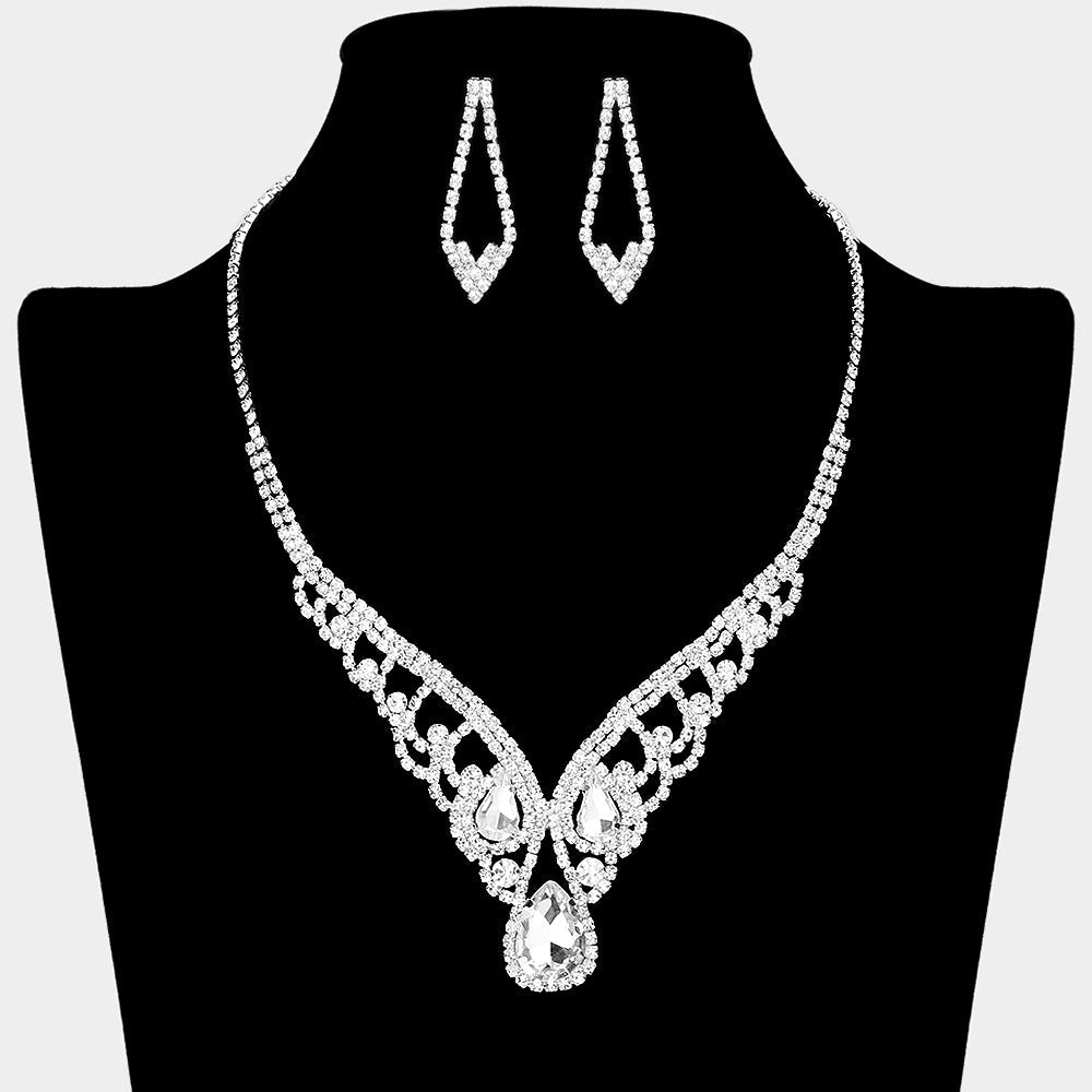 Madeline Love Silver Teardrop Stone Accented Rhinestone Paved V Shape Necklace - Jewelry