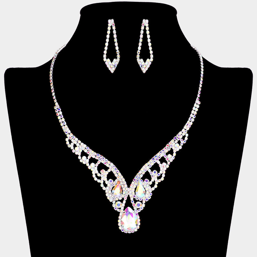 Madeline Love AB, Silver Teardrop Stone Accented Rhinestone Paved V Shape Necklace - Jewelry