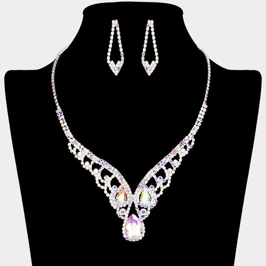 Madeline Love AB, Silver Teardrop Stone Accented Rhinestone Paved V Shape Necklace - Jewelry
