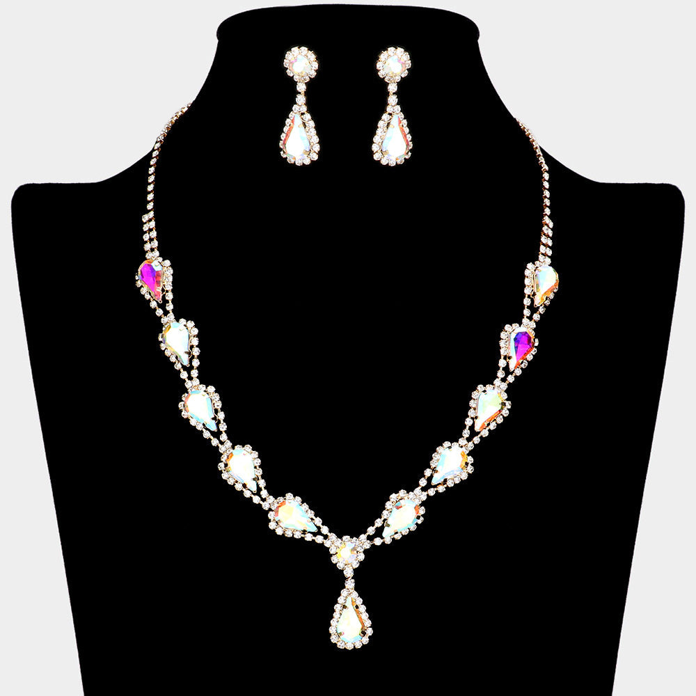Madeline Love AB, Gold Teardrop Rhinestone Accented Necklace - Jewelry