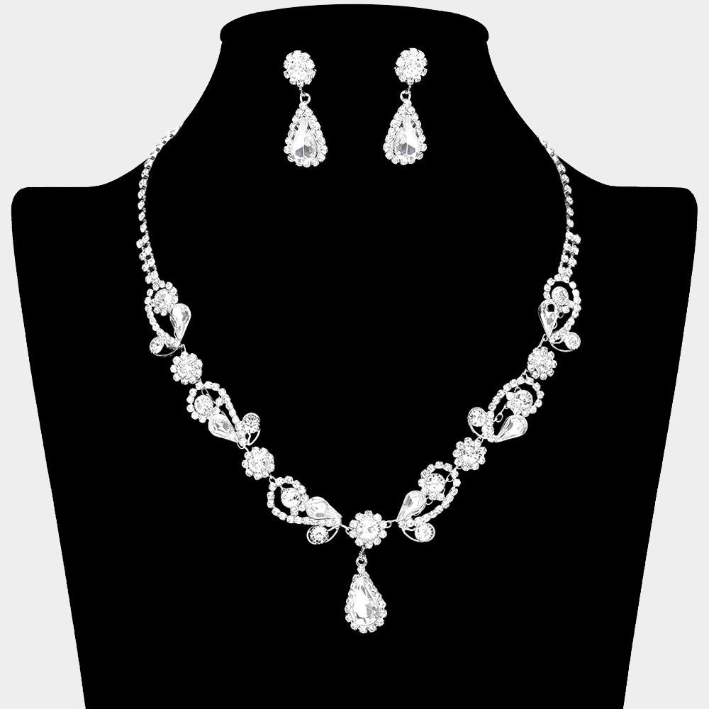 Madeline Love Clear, Silver Teardrop Pendant Flower Pointed Rhinestone Paved Necklace - Jewelry