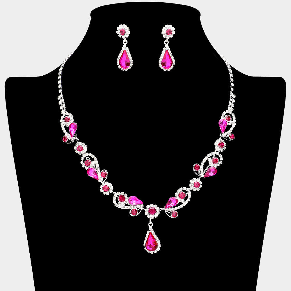 Madeline Love Fuchsia, Silver Teardrop Pendant Flower Pointed Rhinestone Paved Necklace - Jewelry