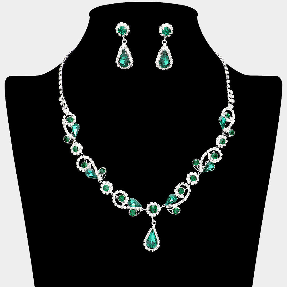 Madeline Love Green, Silver Teardrop Pendant Flower Pointed Rhinestone Paved Necklace - Jewelry