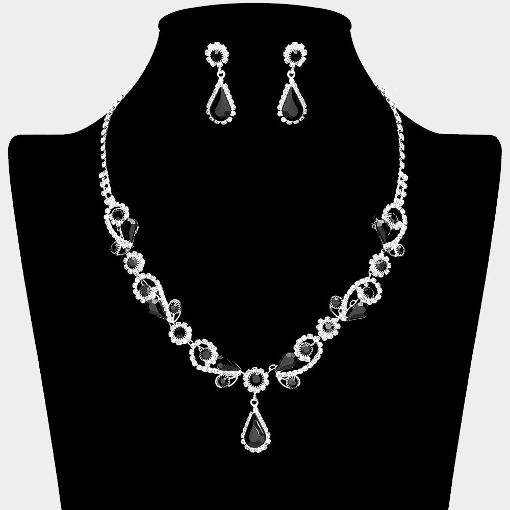 Madeline Love Jet Black, Silver Teardrop Pendant Flower Pointed Rhinestone Paved Necklace - Jewelry