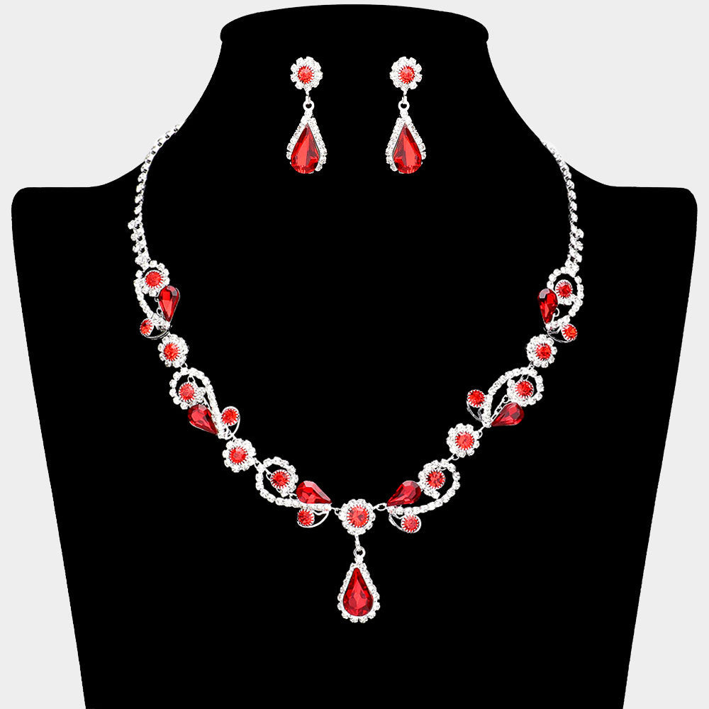 Madeline Love Red, Silver Teardrop Pendant Flower Pointed Rhinestone Paved Necklace - Jewelry