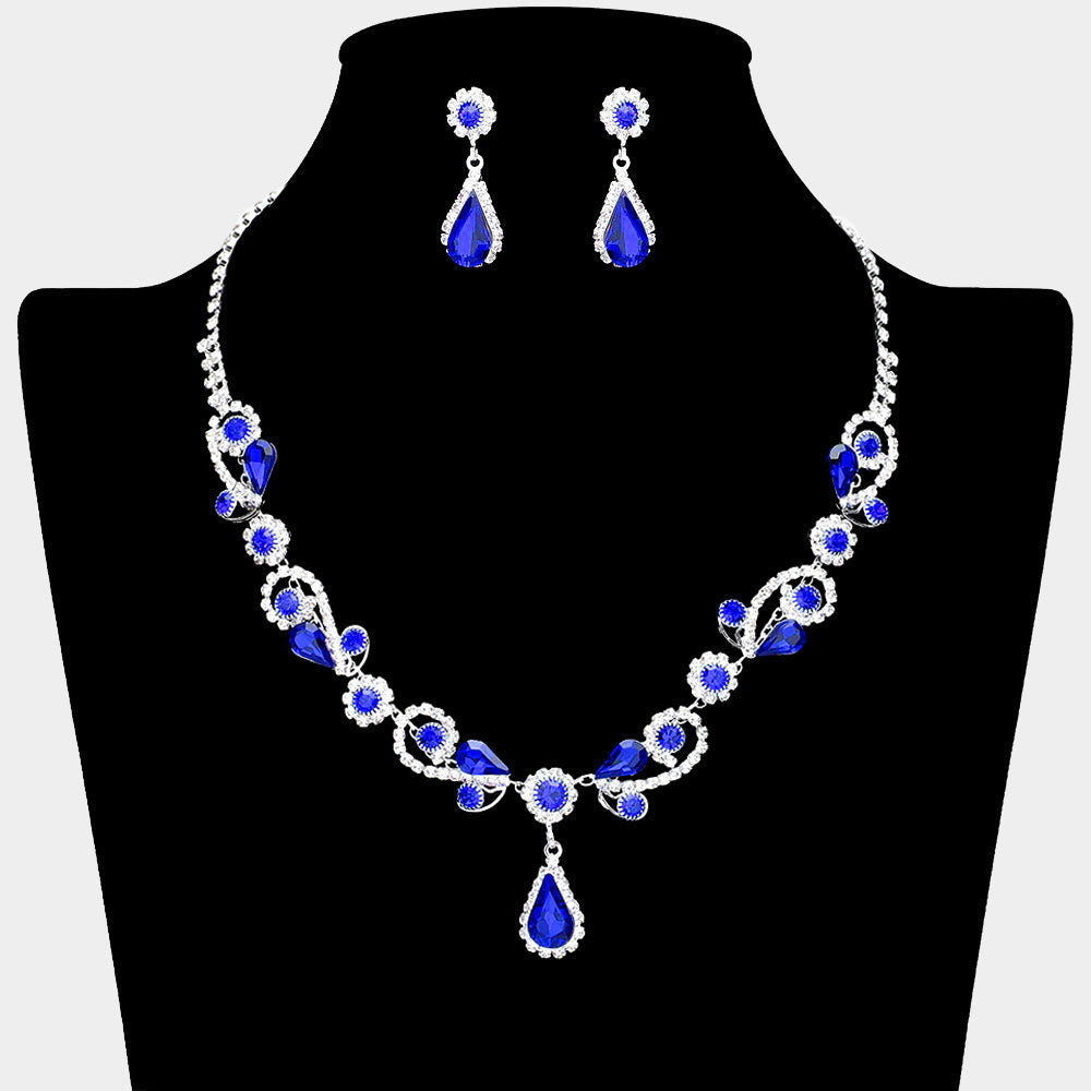 Madeline Love Sapphire, Silver Teardrop Pendant Flower Pointed Rhinestone Paved Necklace - Jewelry