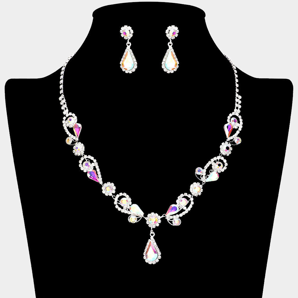 Madeline Love AB, Silver Teardrop Pendant Flower Pointed Rhinestone Paved Necklace - Jewelry