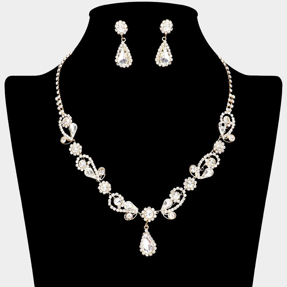 Madeline Love Clear, Gold Teardrop Pendant Flower Pointed Rhinestone Paved Necklace - Jewelry