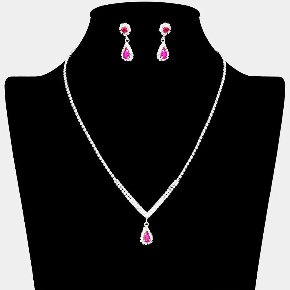 Madeline Love Fuchsia, Silver Teardrop Stone Pointed Pendant Rhinestone Paved Necklace - Jewelry