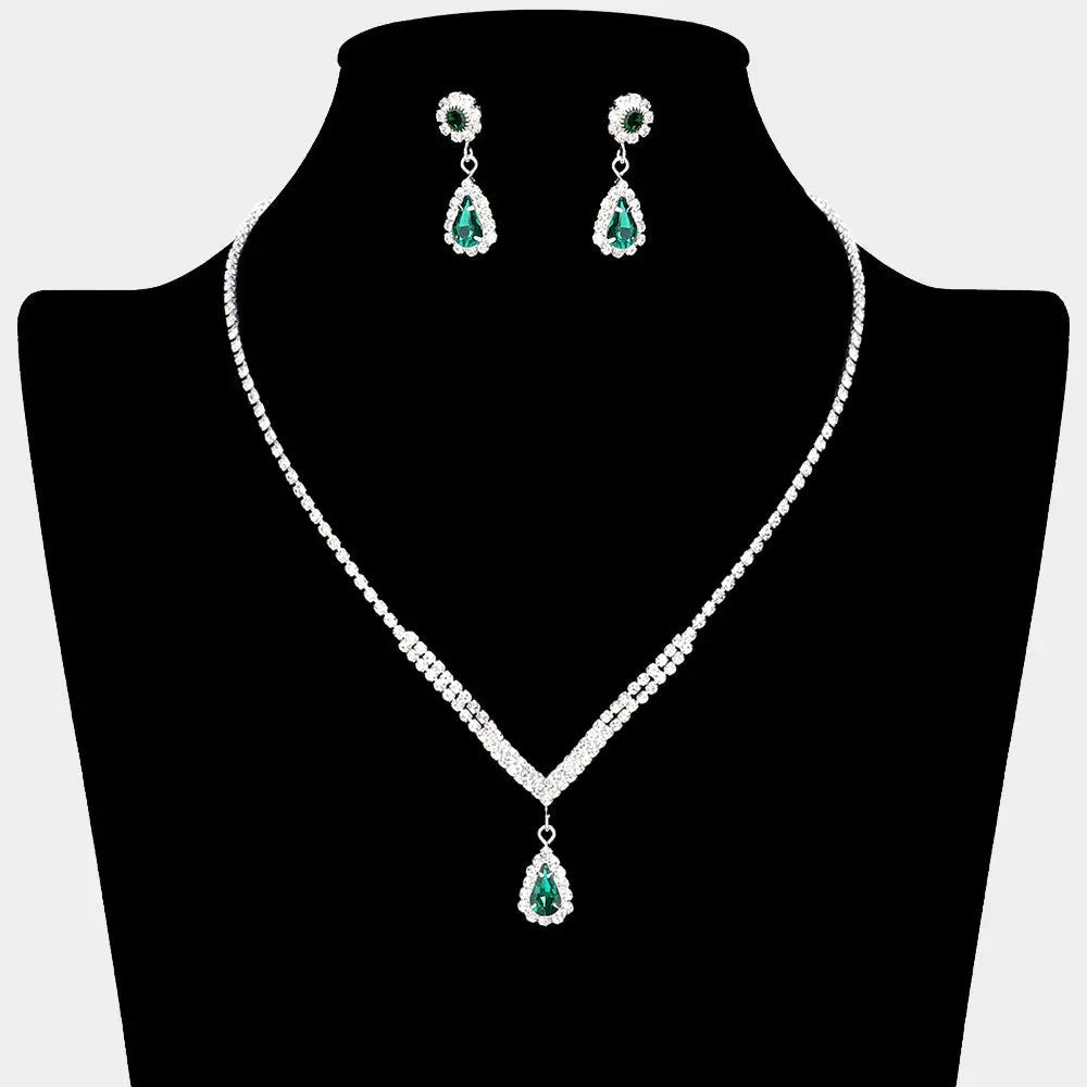Madeline Love Green, Silver Teardrop Stone Pointed Pendant Rhinestone Paved Necklace - Jewelry