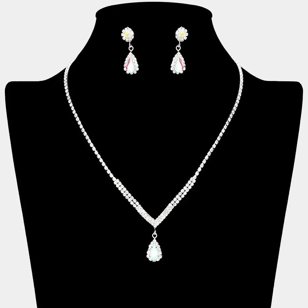 Madeline Love AB, Silver Teardrop Stone Pointed Pendant Rhinestone Paved Necklace - Jewelry