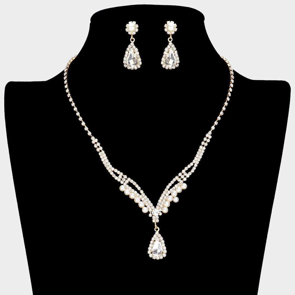 Madeline Love Clear, Gold Teardrop Stone Pointed Pearl Rhinestone Paved Necklace - Jewelry