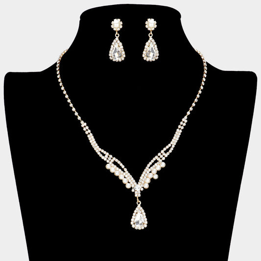 Madeline Love Clear, Gold Teardrop Stone Pointed Pearl Rhinestone Paved Necklace - Jewelry