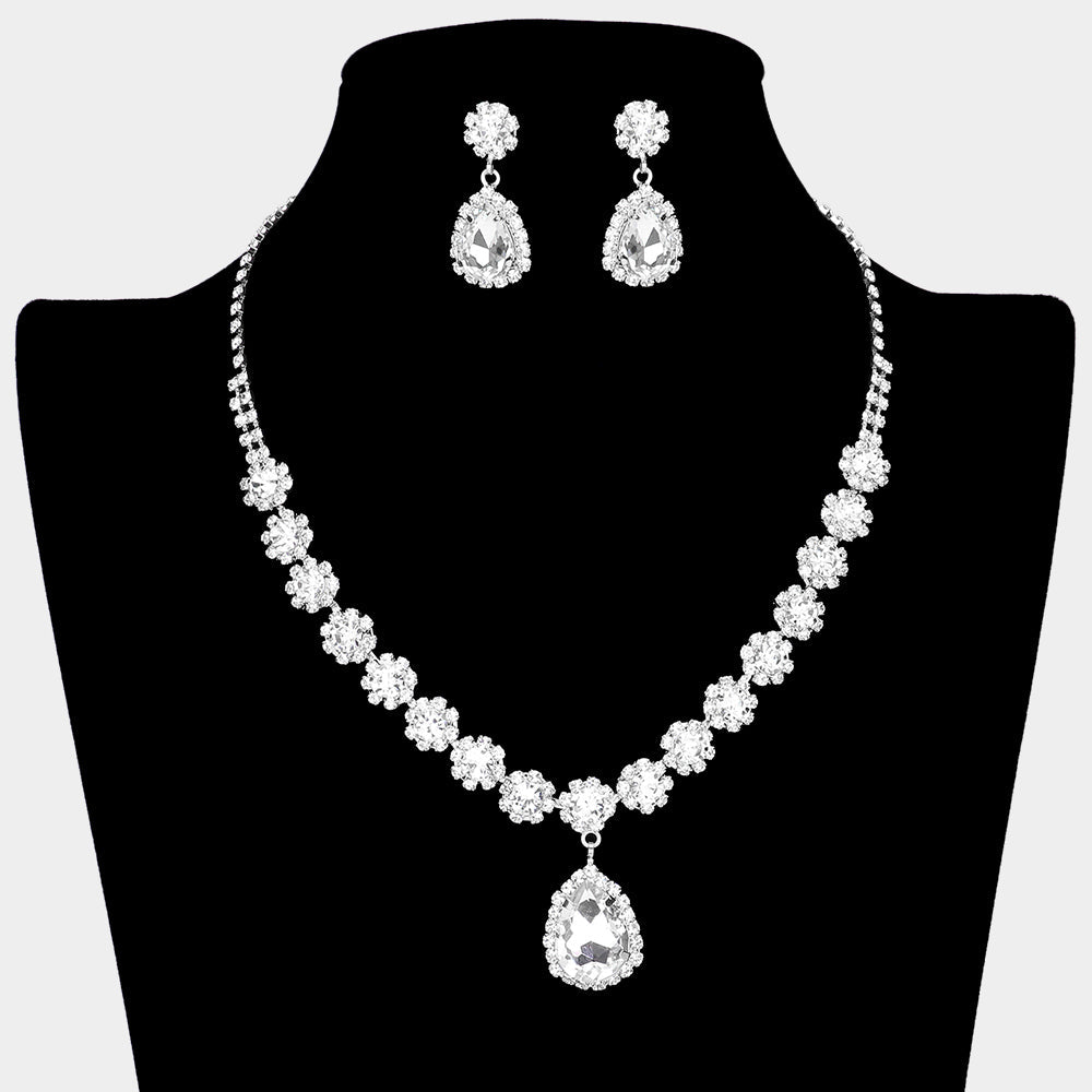 Madeline Love Clear, Silver Teardrop Stone Pointed Flower Rhinestone Paved Necklace - Jewelry