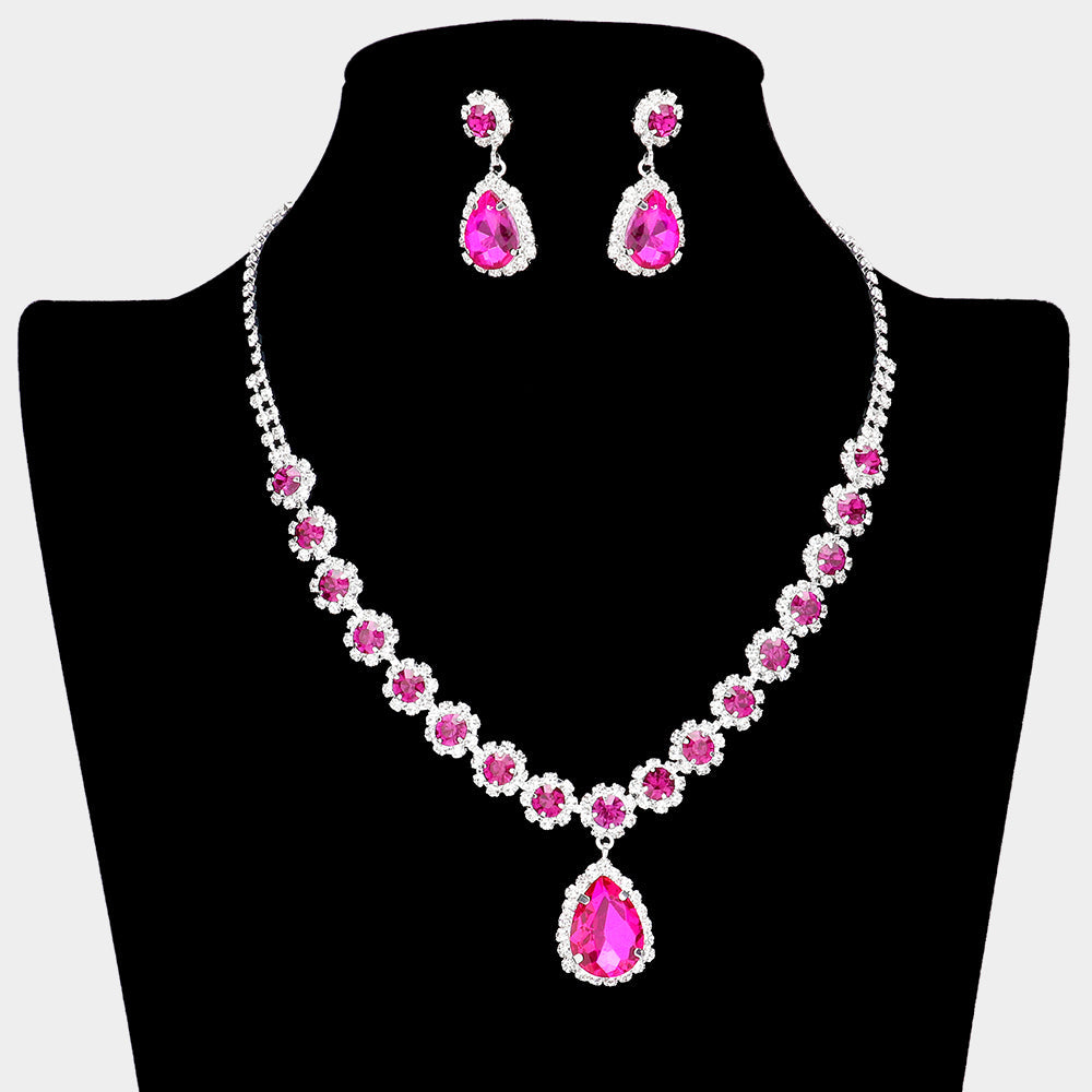 Madeline Love Fuchsia, Silver Teardrop Stone Pointed Flower Rhinestone Paved Necklace - Jewelry