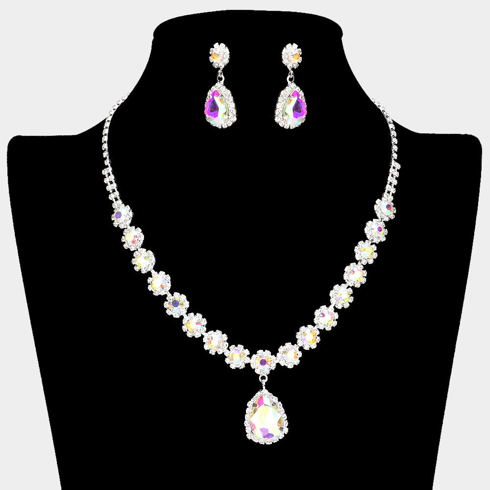 Madeline Love AB, Silver Teardrop Stone Pointed Flower Rhinestone Paved Necklace - Jewelry