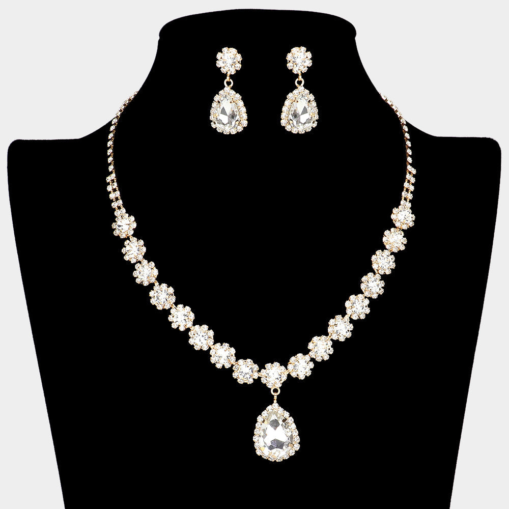 Madeline Love Clear, Gold Teardrop Stone Pointed Flower Rhinestone Paved Necklace - Jewelry