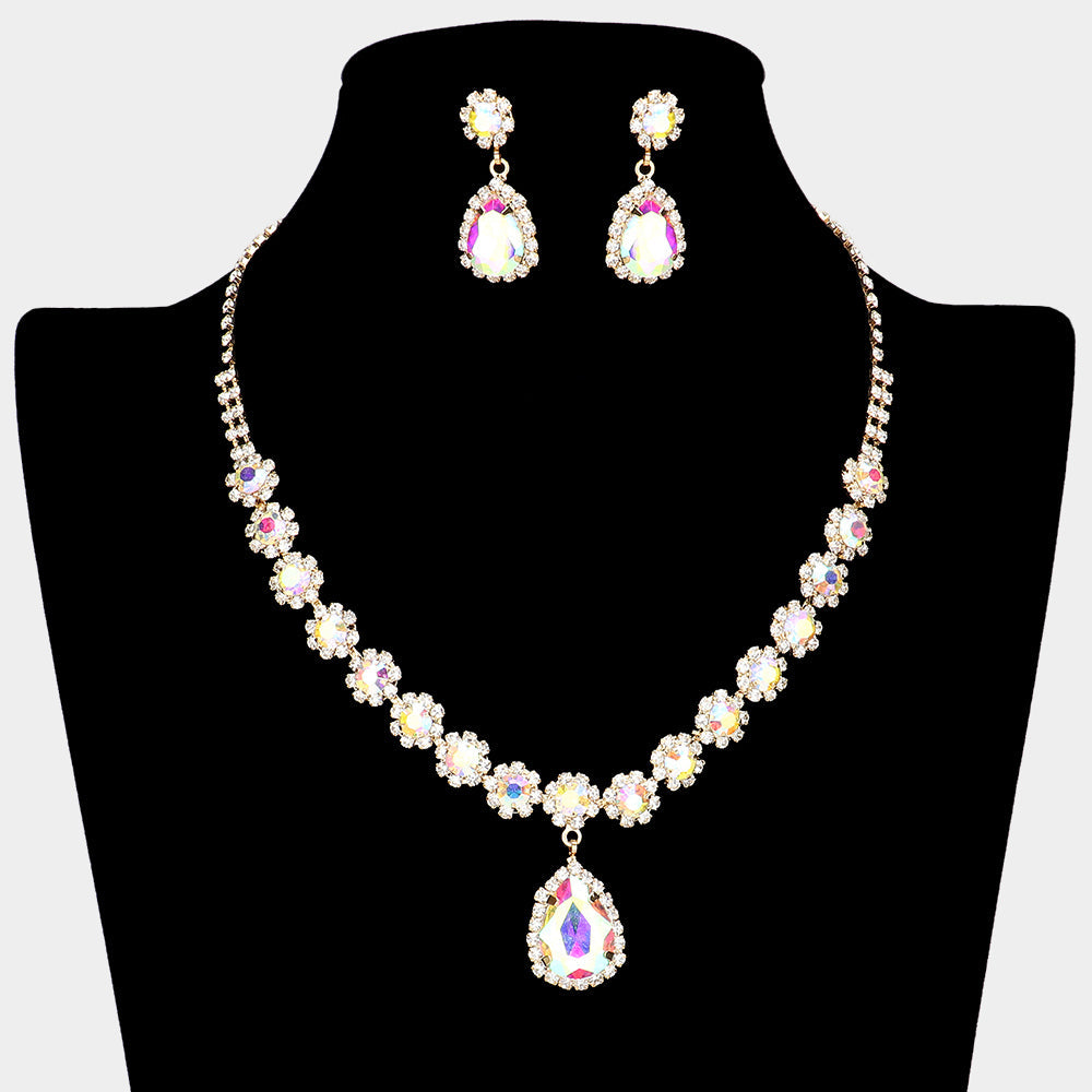 Madeline Love AB, Gold Teardrop Stone Pointed Flower Rhinestone Paved Necklace - Jewelry