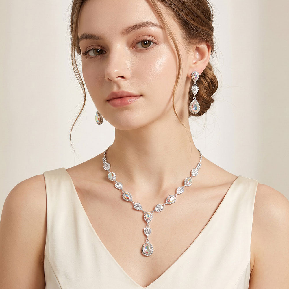Madeline Love AB, Silver Teardrop Cluster Embellished Rhinestone Necklace