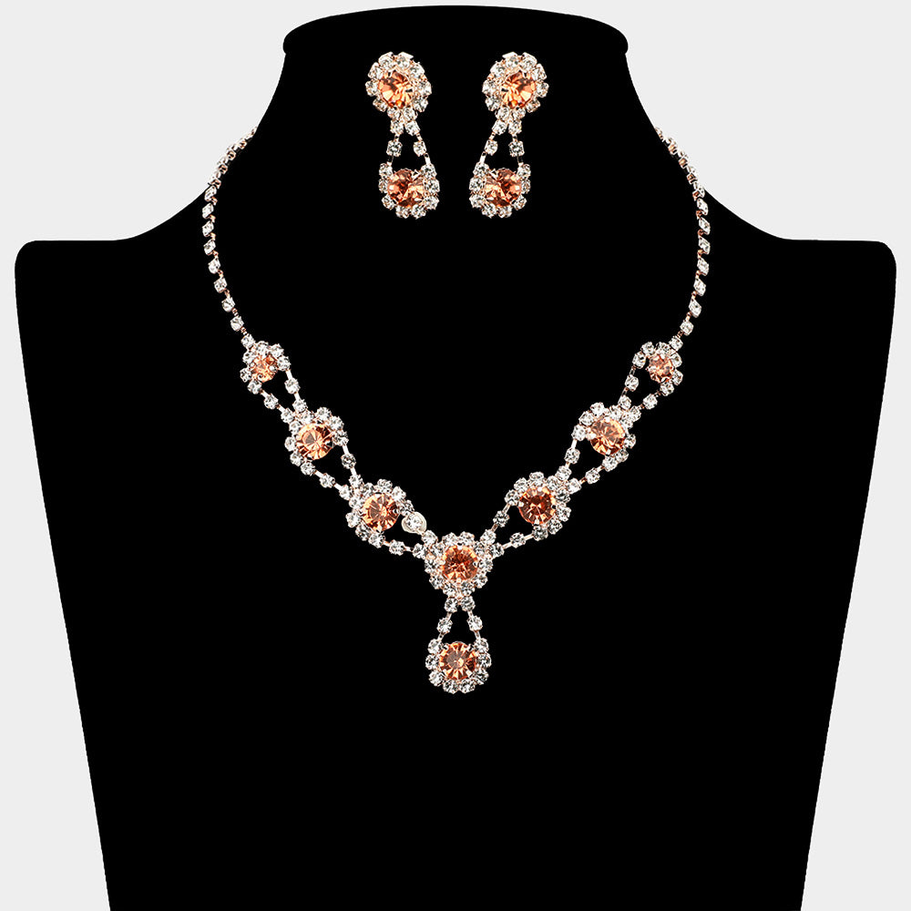 Madeline Love Peach, Rose Gold Round Crystal Vine Rhinestone Bib Drop Necklace - Jewelry