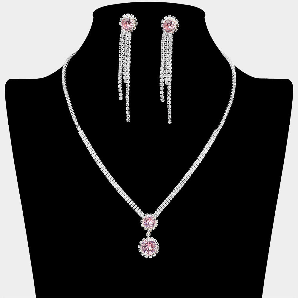 Madeline Love Lt Rose, Silver Round CZ Stone Cluster Pointed Rhinestone Paved Necklace - Jewelry