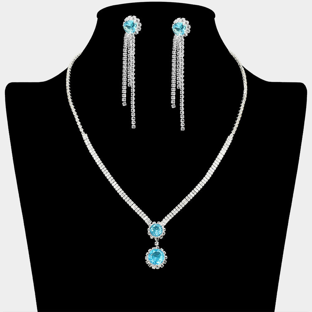 Madeline Love Aqua, Silver Round CZ Stone Cluster Pointed Rhinestone Paved Necklace - Jewelry