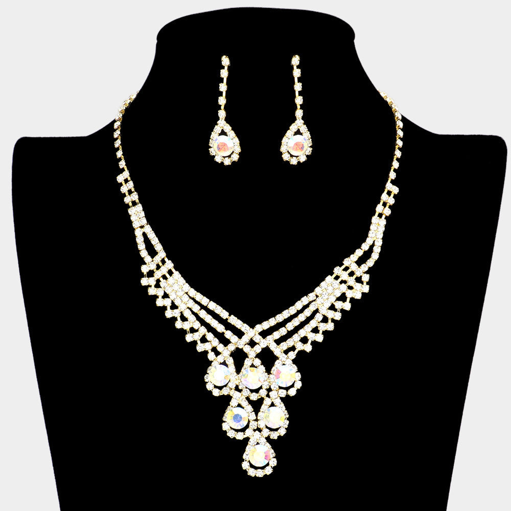 Madeline Love AB, Gold Crystal Rhinestone Teardrop Glass Necklace - Jewelry