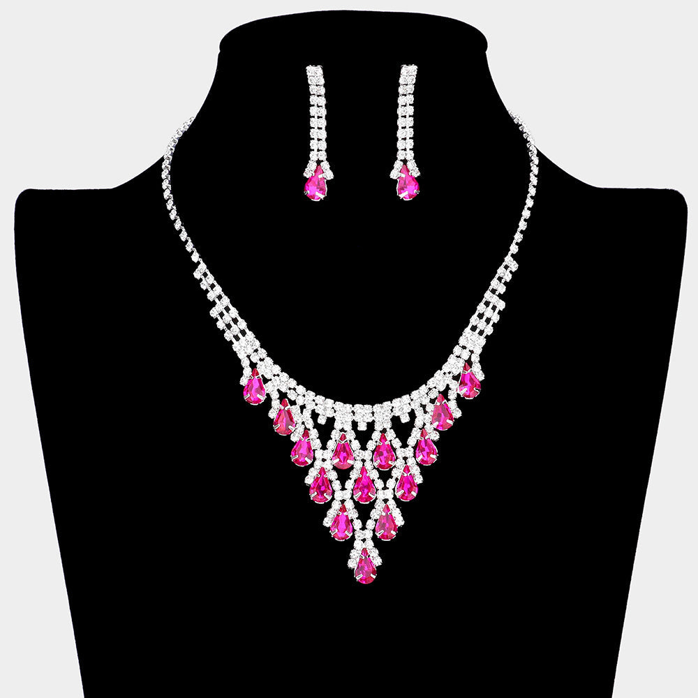 Madeline Love Fuchsia Teardrop Cluster Rhinestone Necklace - Jewelry