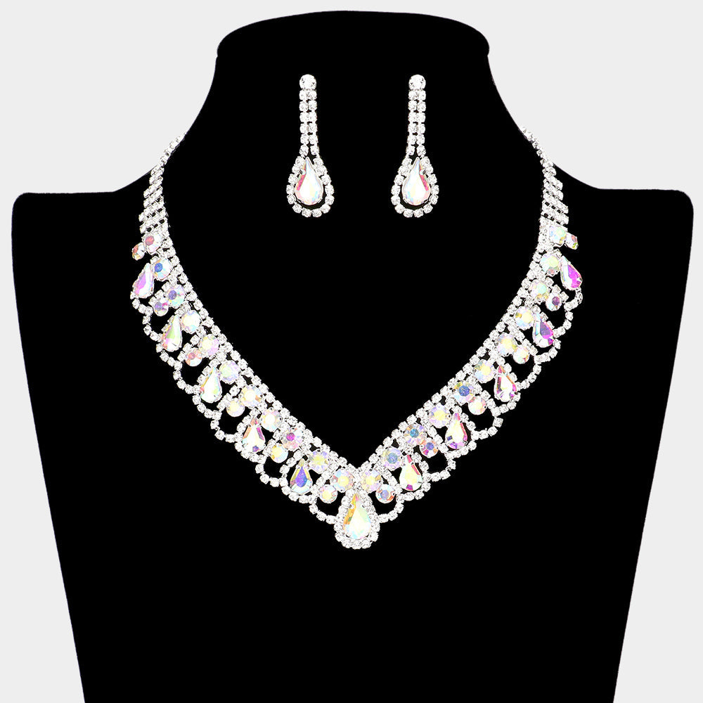Madeline Love AB, Silver Round Teardrop Stone V Shaped Rhinestone Necklace - Jewelry