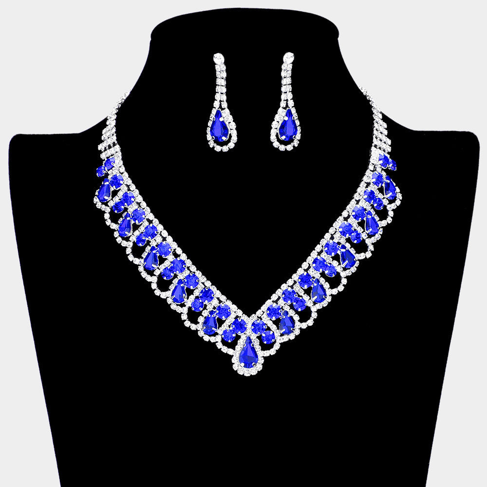 Madeline Love Blue Round Teardrop Stone V Shaped Rhinestone Necklace - Jewelry