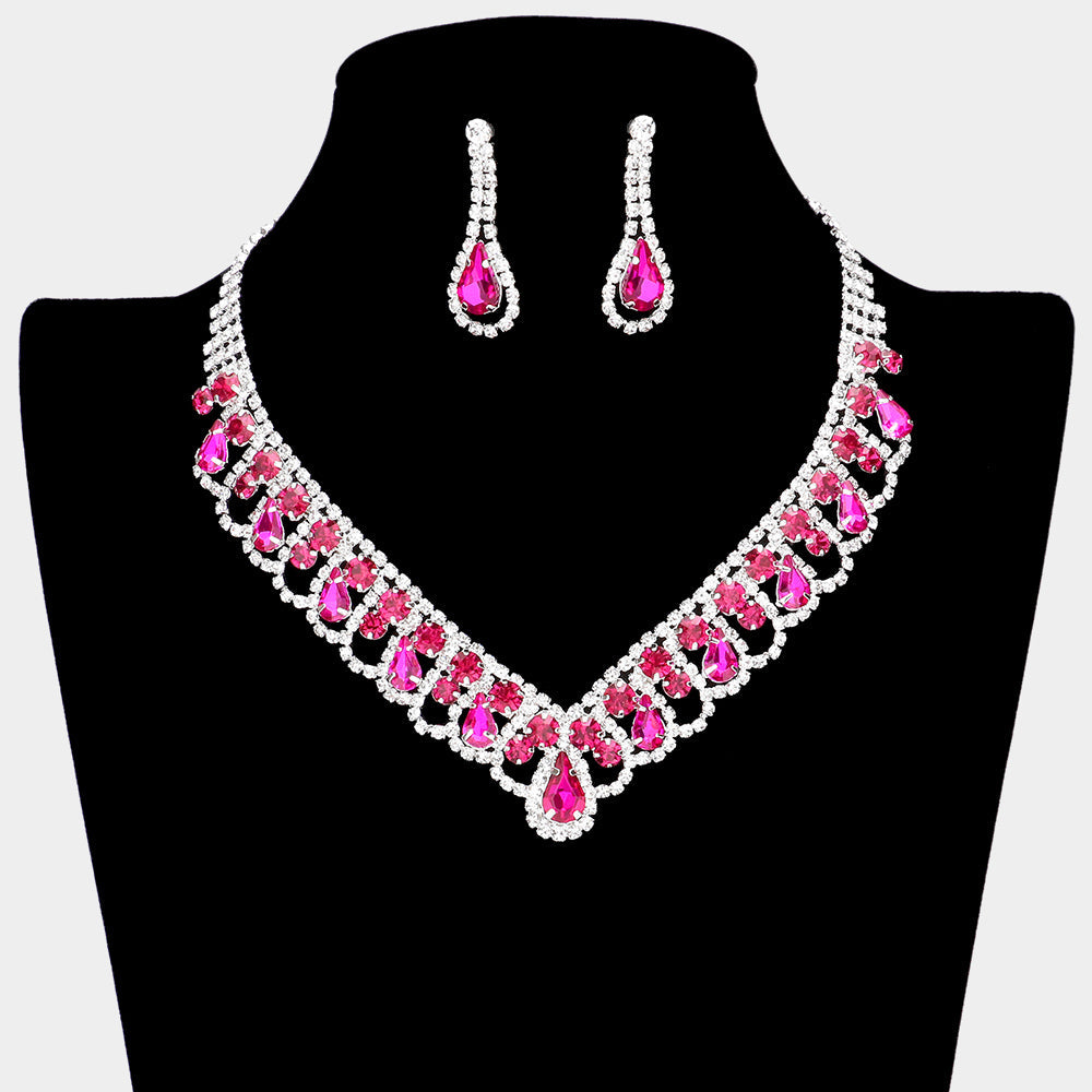 Madeline Love Fuchsia Round Teardrop Stone V Shaped Rhinestone Necklace - Jewelry