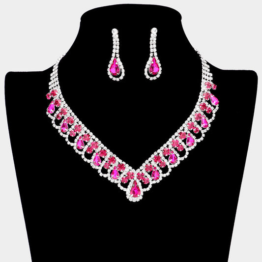 Madeline Love Fuchsia Round Teardrop Stone V Shaped Rhinestone Necklace - Jewelry