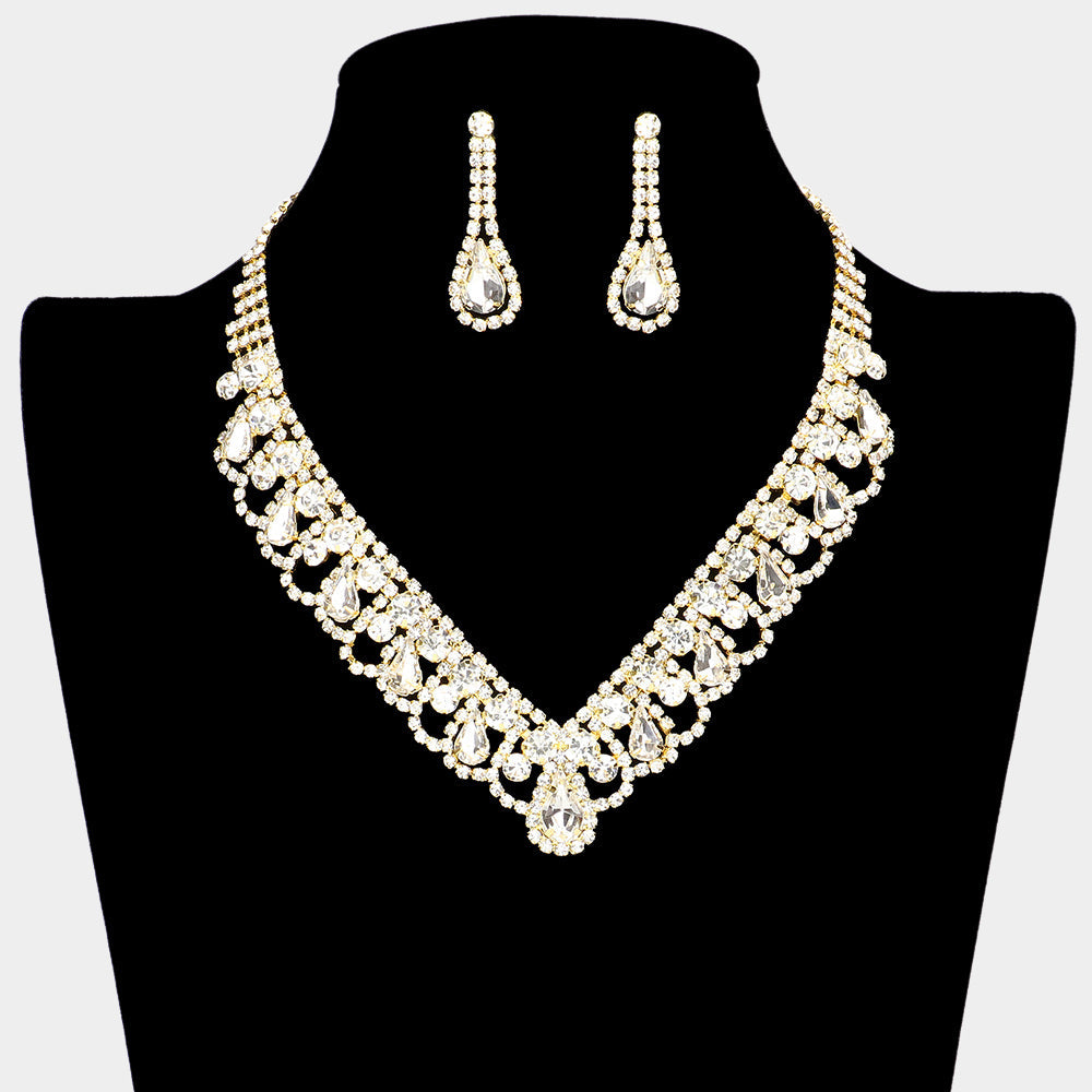Madeline Love Gold Round Teardrop Stone V Shaped Rhinestone Necklace - Jewelry