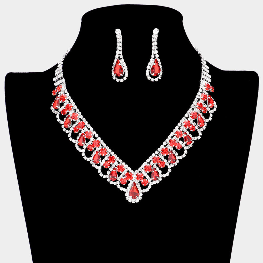 Madeline Love Red Round Teardrop Stone V Shaped Rhinestone Necklace - Jewelry
