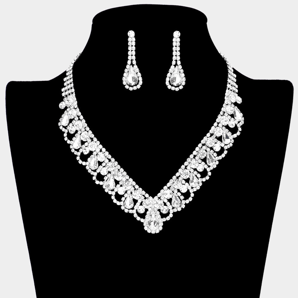 Madeline Love Silver Round Teardrop Stone V Shaped Rhinestone Necklace - Jewelry