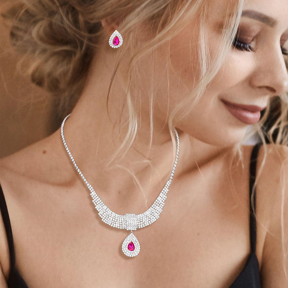 Madeline Love Fuchsia Teardrop Stone Pointed Rhinestone Paved U Shaped Necklace - Jewelry