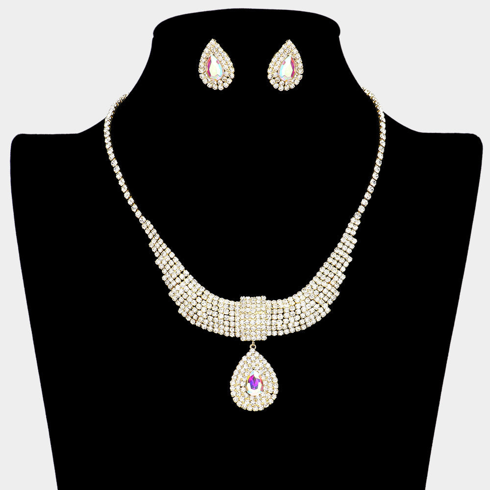 Madeline Love AB, Gold Teardrop Stone Pointed Rhinestone Paved U Shaped Necklace - Jewelry