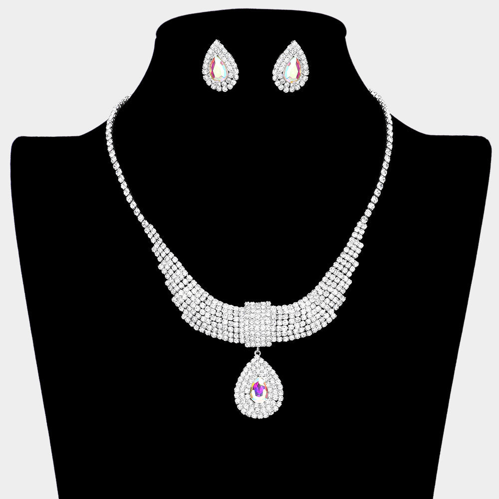 Madeline Love AB, Silver Teardrop Stone Pointed Rhinestone Paved U Shaped Necklace - Jewelry